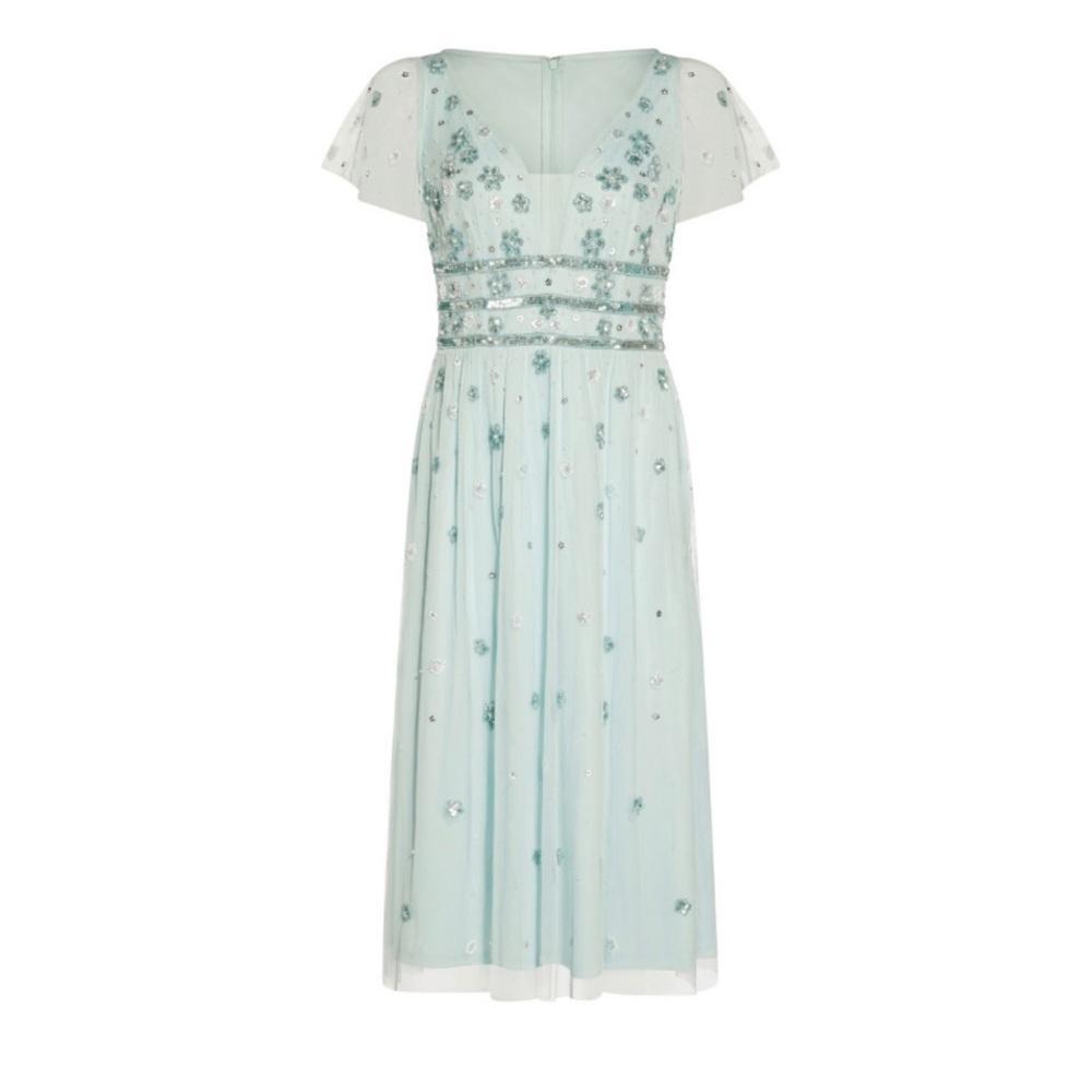 Adrianna Papell Beaded Floral Midi Dress Plunging Sweetheart neckline Sea Size 0